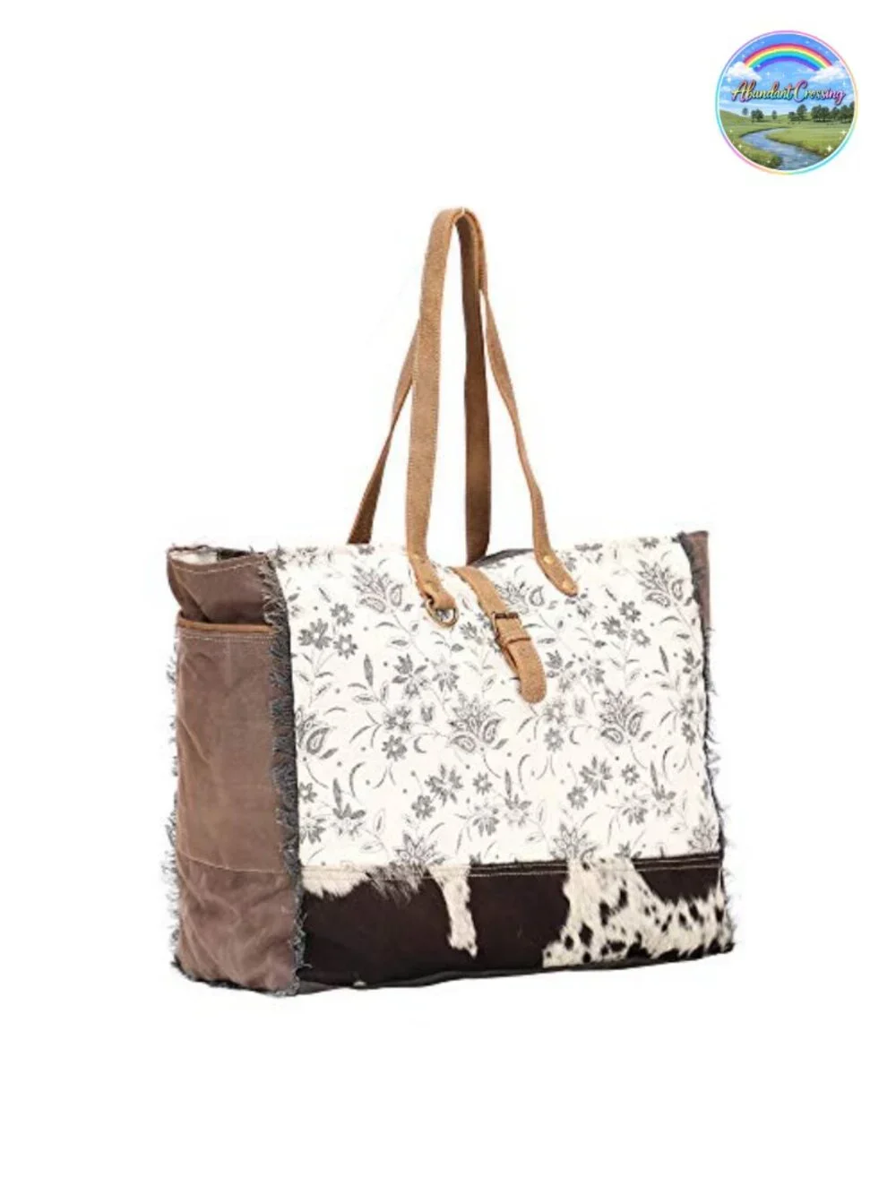 Canvas Floral Hobo Bag with Leather Strap - Women's Handbag
